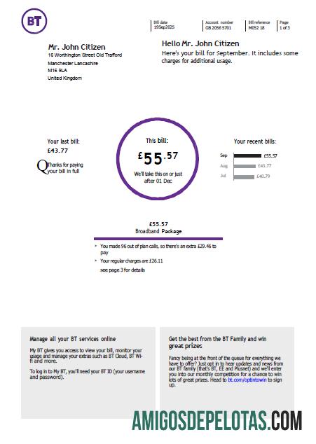 Em branco modelo de fatura de serviços públicos BT do Reino Unido em formatos Word e PDF
